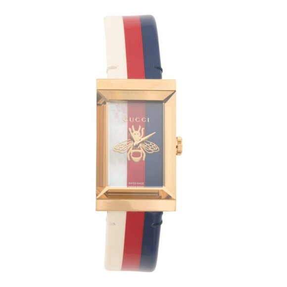 GUCCI Gold Women's Swiss Made G Frame Bee Stripe Leather Strap Watch - Picture 1 of 2